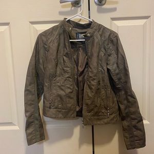 army olive green leather pleather jacket with panels on sleeves